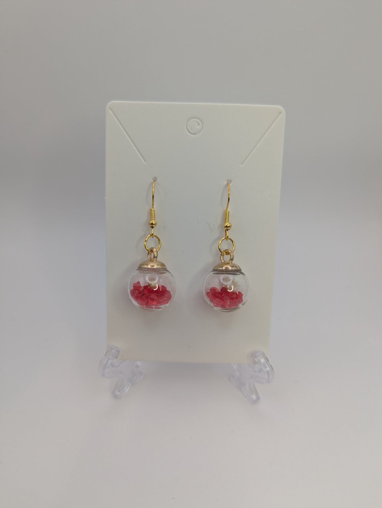 White Bloom and Red Rhinestones Globe Earrings