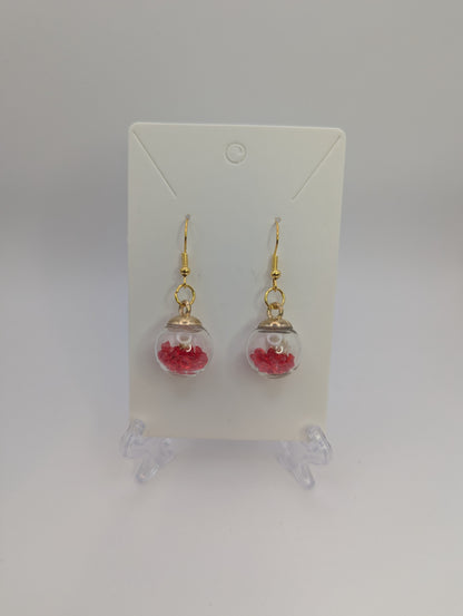 White Bloom and Red Rhinestones Globe Earrings