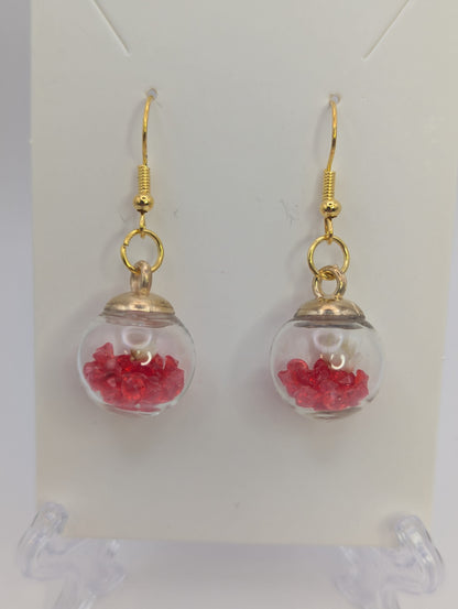 White Bloom and Red Rhinestones Globe Earrings