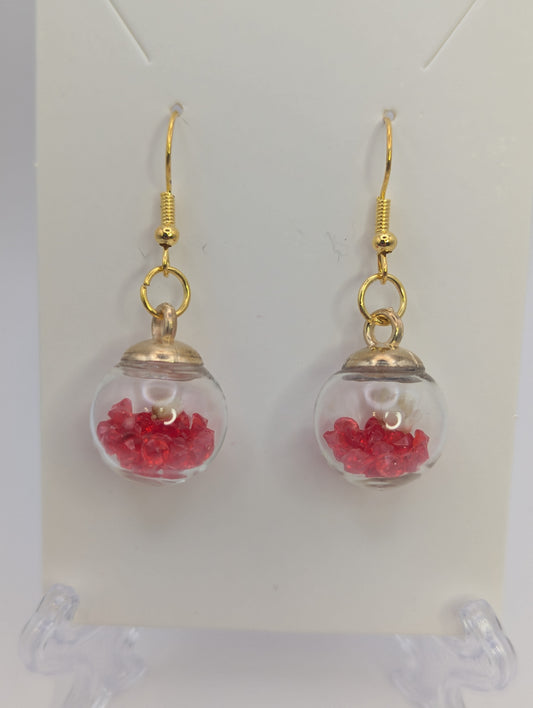 White Bloom and Red Rhinestones Globe Earrings