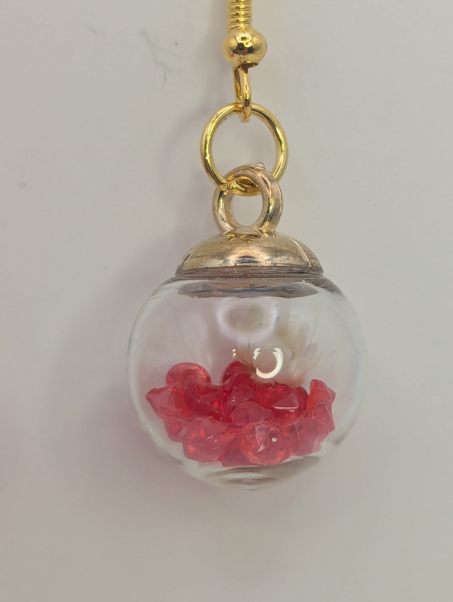 White Bloom and Red Rhinestones Globe Earrings