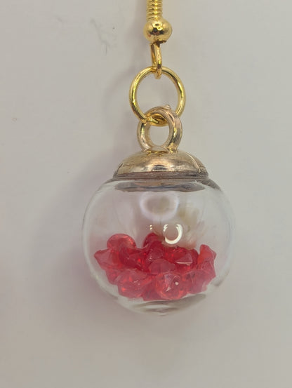 White Bloom and Red Rhinestones Globe Earrings