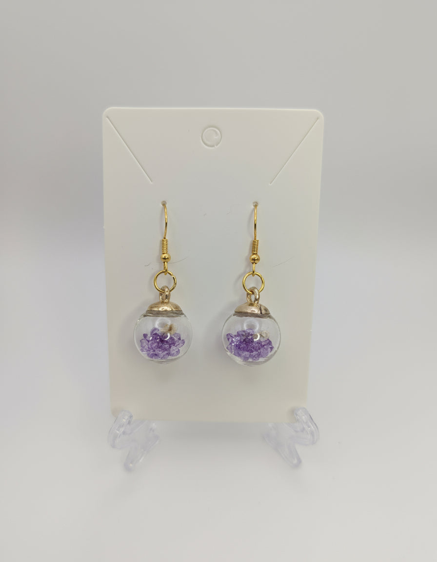 White Bloom and Violet Rhinestones Globe Earrings
