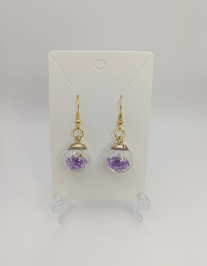 White Bloom and Violet Rhinestones Globe Earrings