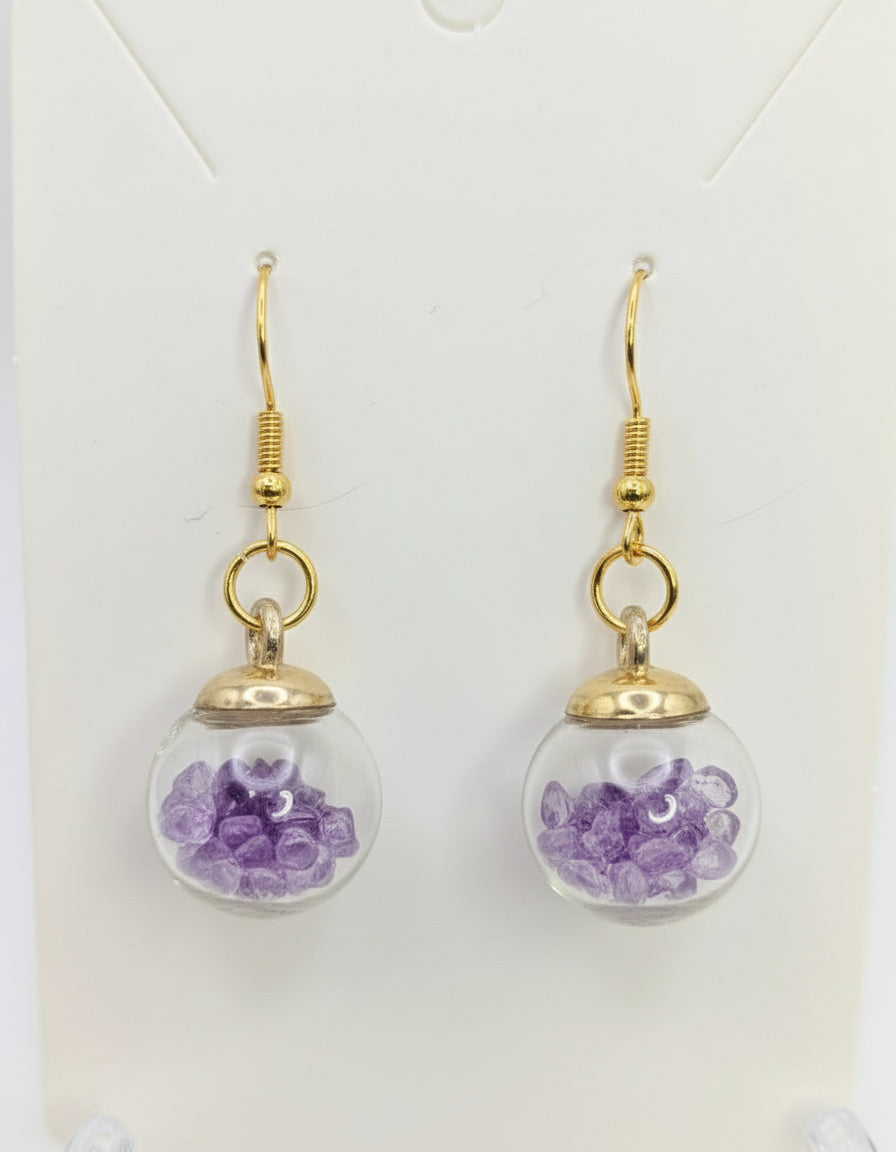 White Bloom and Violet Rhinestones Globe Earrings