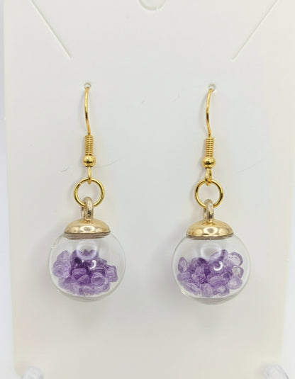 White Bloom and Violet Rhinestones Globe Earrings