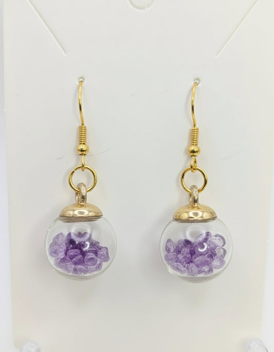 White Bloom and Violet Rhinestones Globe Earrings