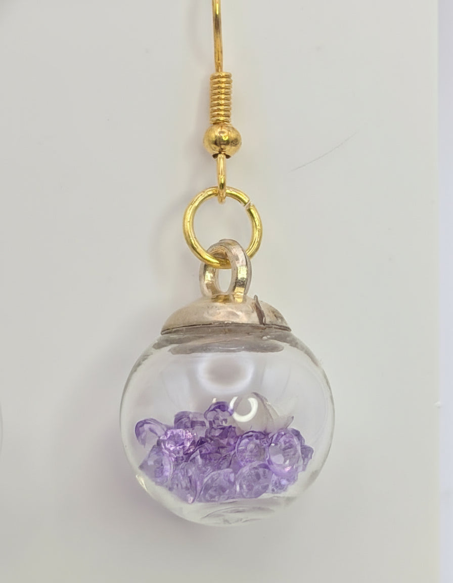 White Bloom and Violet Rhinestones Globe Earrings