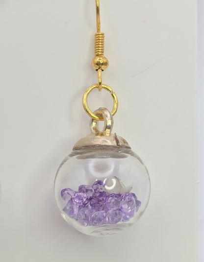 White Bloom and Violet Rhinestones Globe Earrings