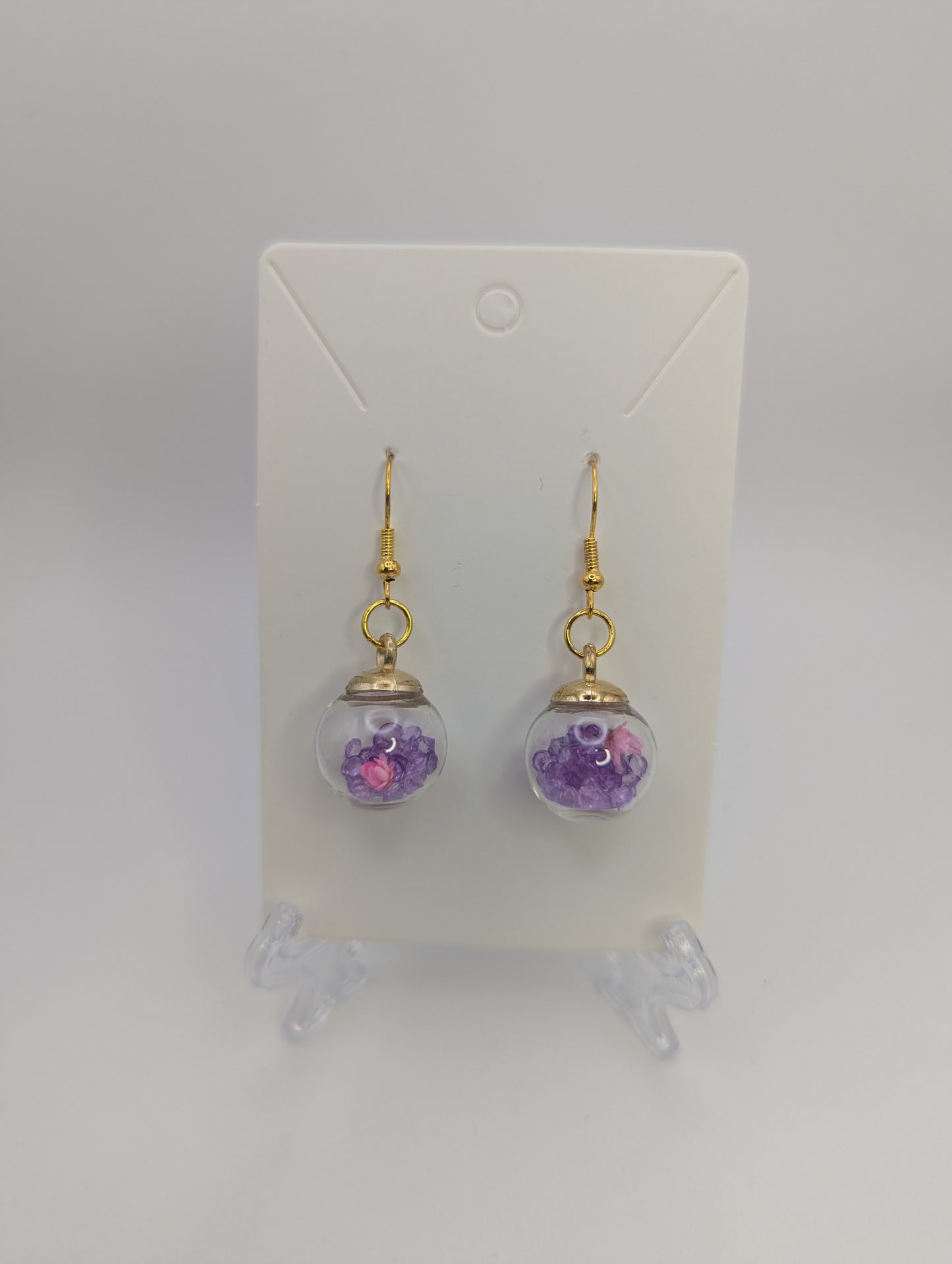 Pink Bloom and Violet Rhinestones Globe Earrings