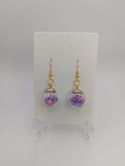 Pink Bloom and Violet Rhinestones Globe Earrings