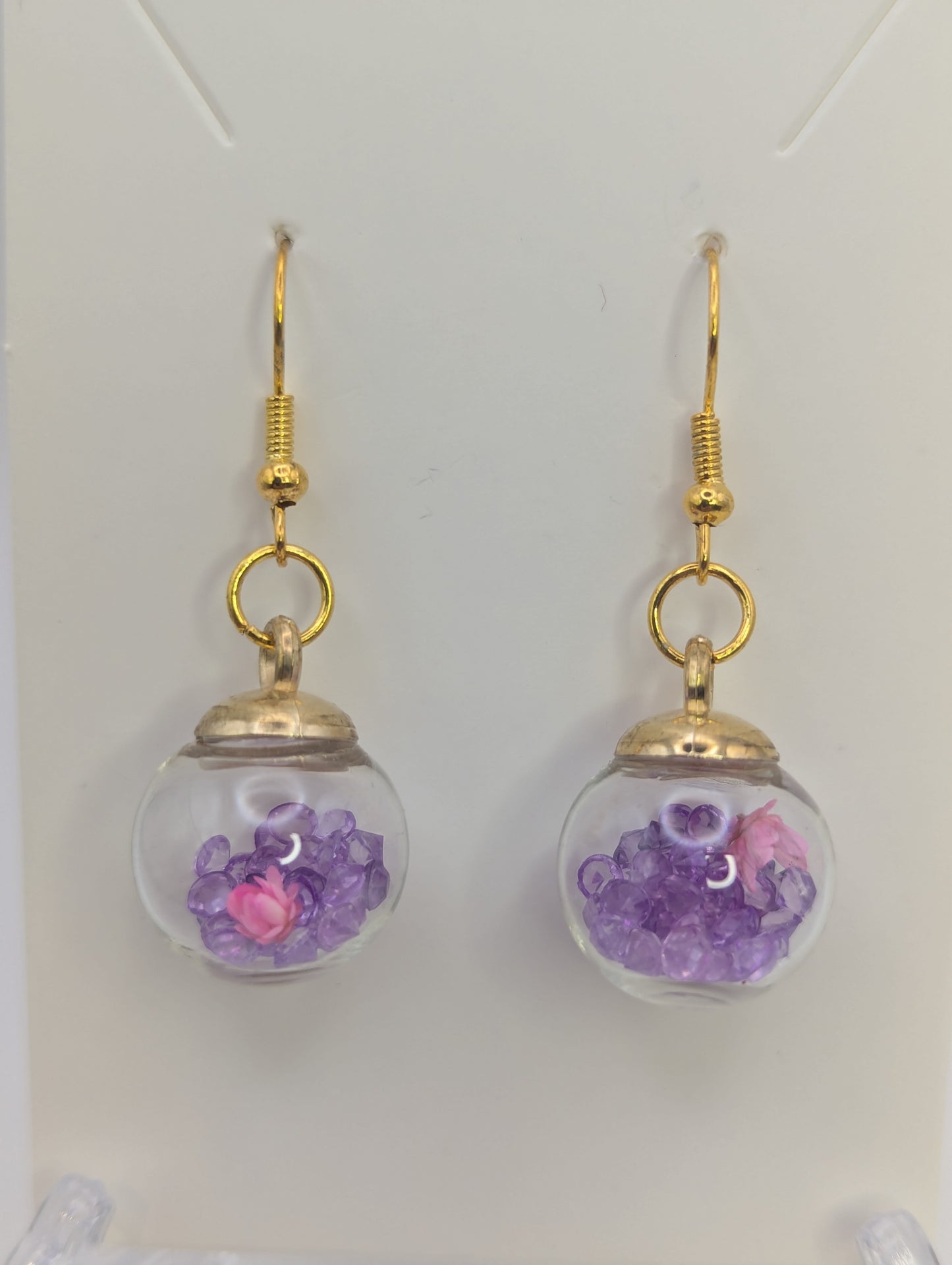Pink Bloom and Violet Rhinestones Globe Earrings