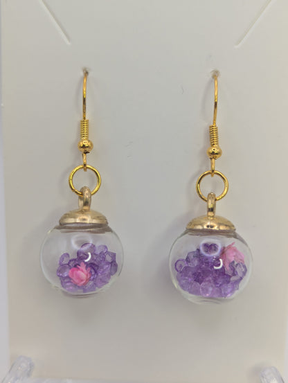 Pink Bloom and Violet Rhinestones Globe Earrings