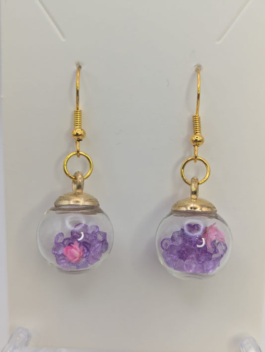 Pink Bloom and Violet Rhinestones Globe Earrings