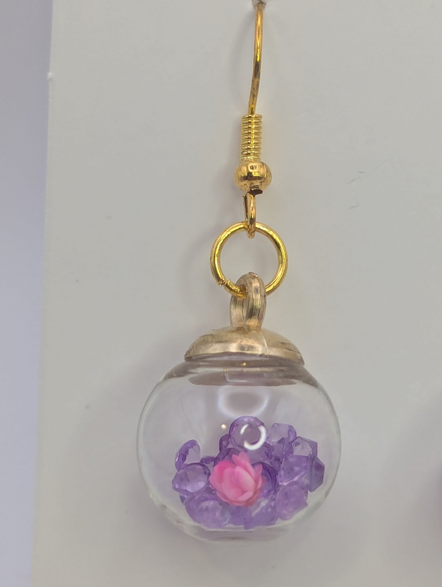 Pink Bloom and Violet Rhinestones Globe Earrings