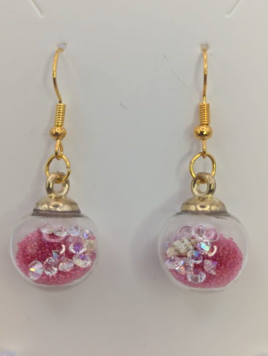 White Rhinestones and Red Millibeads Globe Earrings