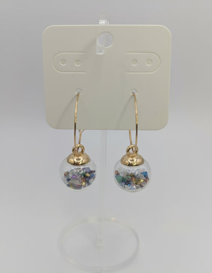 Multicolor Stone Flecks in Glass Globes on Large Gold Hoops