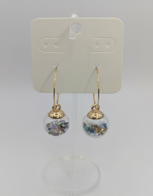 Multicolor Stone Flecks in Glass Globes on Large Gold Hoops