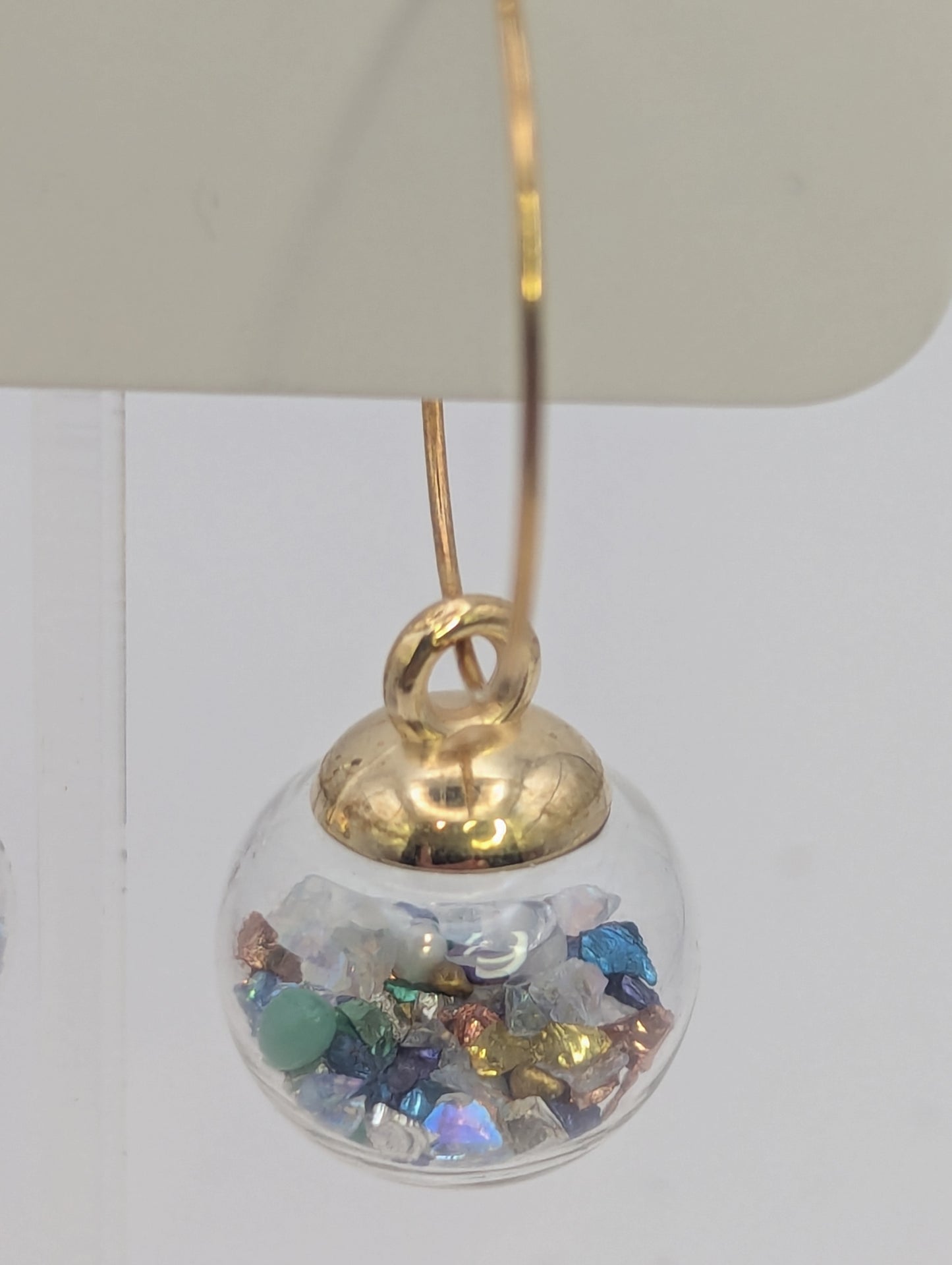 Multicolor Stone Flecks in Glass Globes on Large Gold Hoops