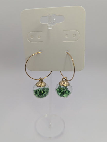 Green Stone Flecks in Glass Globes on Large Gold Hoops