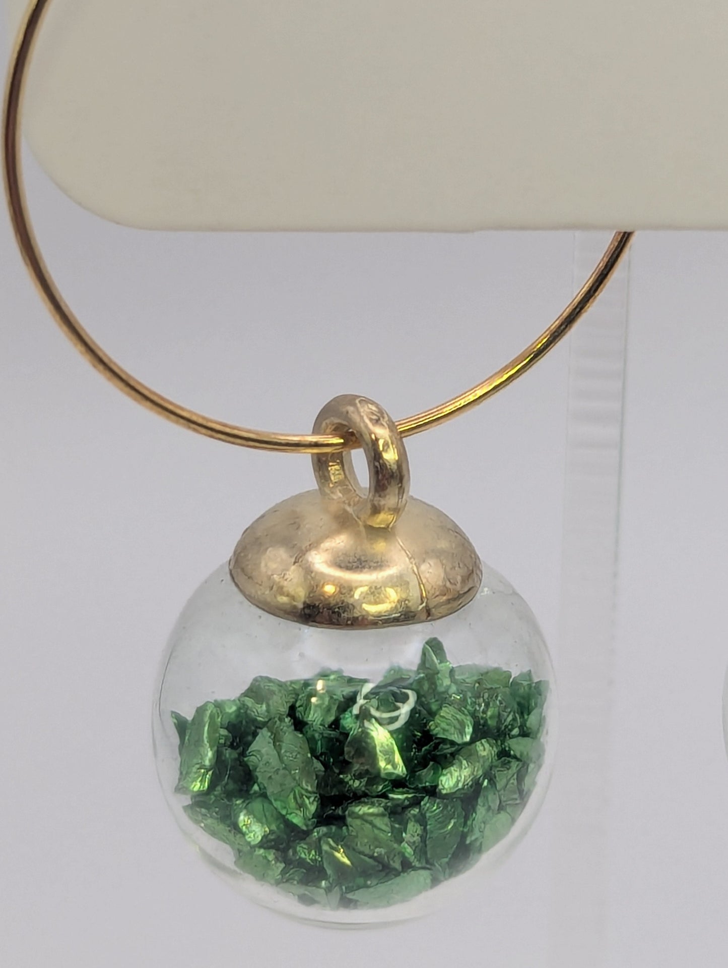 Green Stone Flecks in Glass Globes on Large Gold Hoops