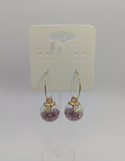 Purple Rhinestones with Tiny White Flowers in Glass Globes on Large Gold Hoops