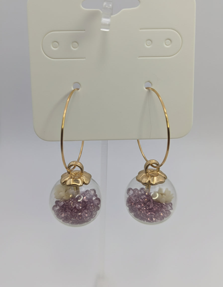 Purple Rhinestones with Tiny White Flowers in Glass Globes on Large Gold Hoops