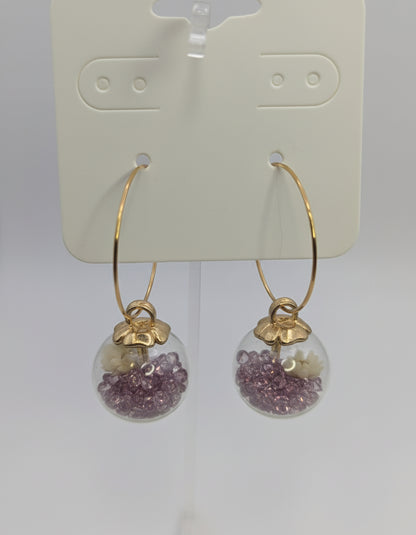Purple Rhinestones with Tiny White Flowers in Glass Globes on Large Gold Hoops