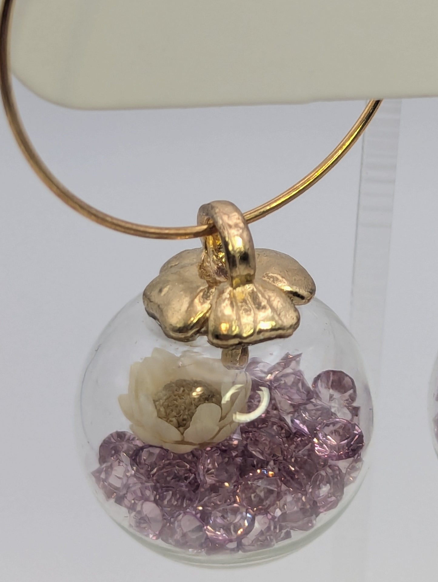 Purple Rhinestones with Tiny White Flowers in Glass Globes on Large Gold Hoops