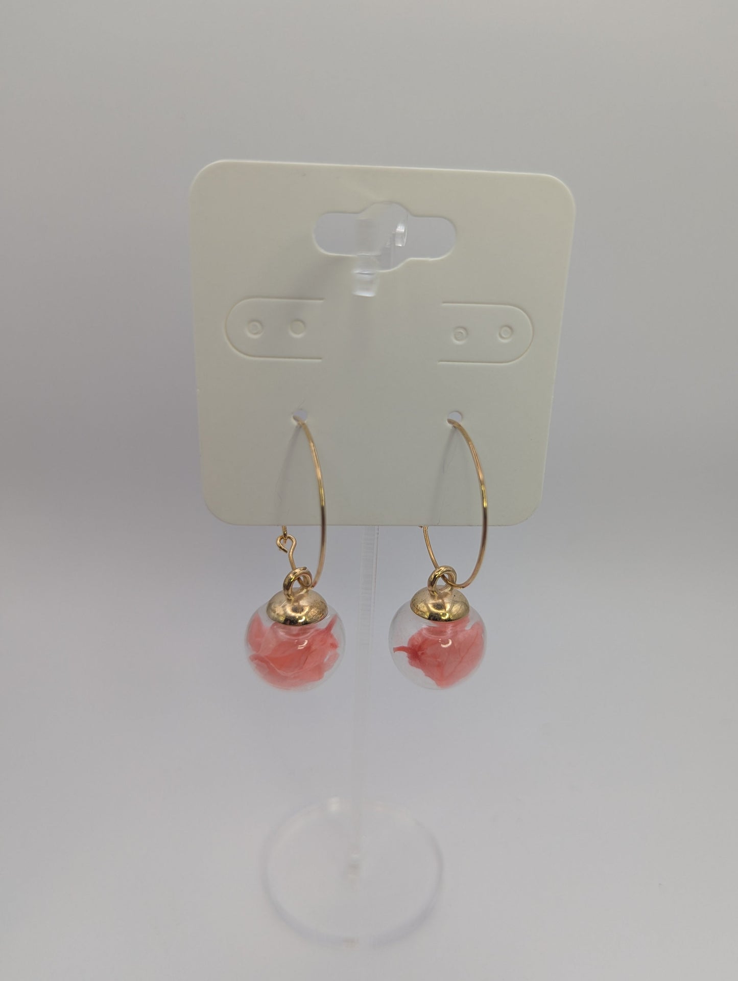 Coral Petals in Glass Globes on Large Gold Hoops