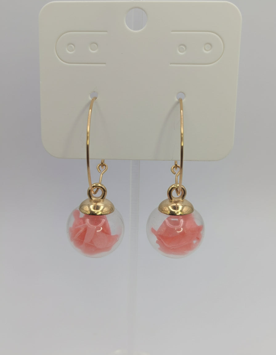 Coral Petals in Glass Globes on Large Gold Hoops