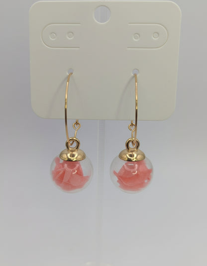 Coral Petals in Glass Globes on Large Gold Hoops