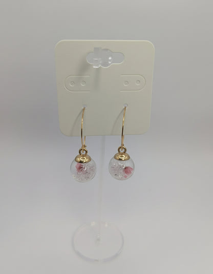 Clear Rhinestones with Tiny Pink Flowers in Glass Globes on Large Gold Hoops