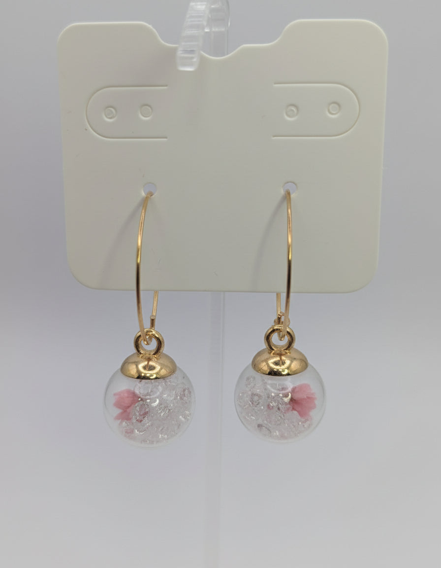 Clear Rhinestones with Tiny Pink Flowers in Glass Globes on Large Gold Hoops
