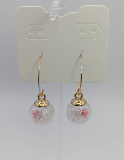 Clear Rhinestones with Tiny Pink Flowers in Glass Globes on Large Gold Hoops