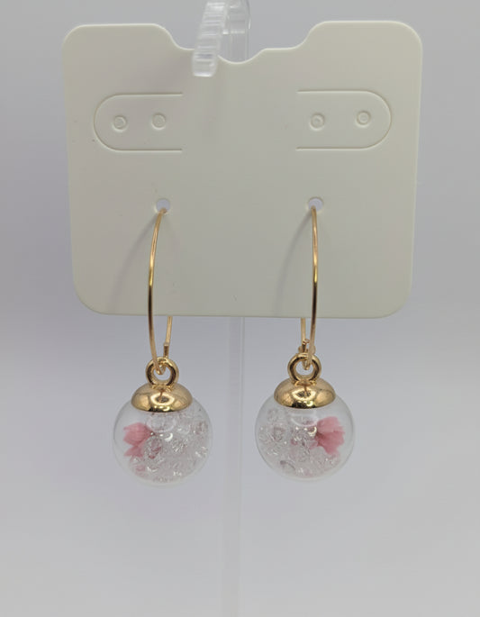 Clear Rhinestones with Tiny Pink Flowers in Glass Globes on Large Gold Hoops