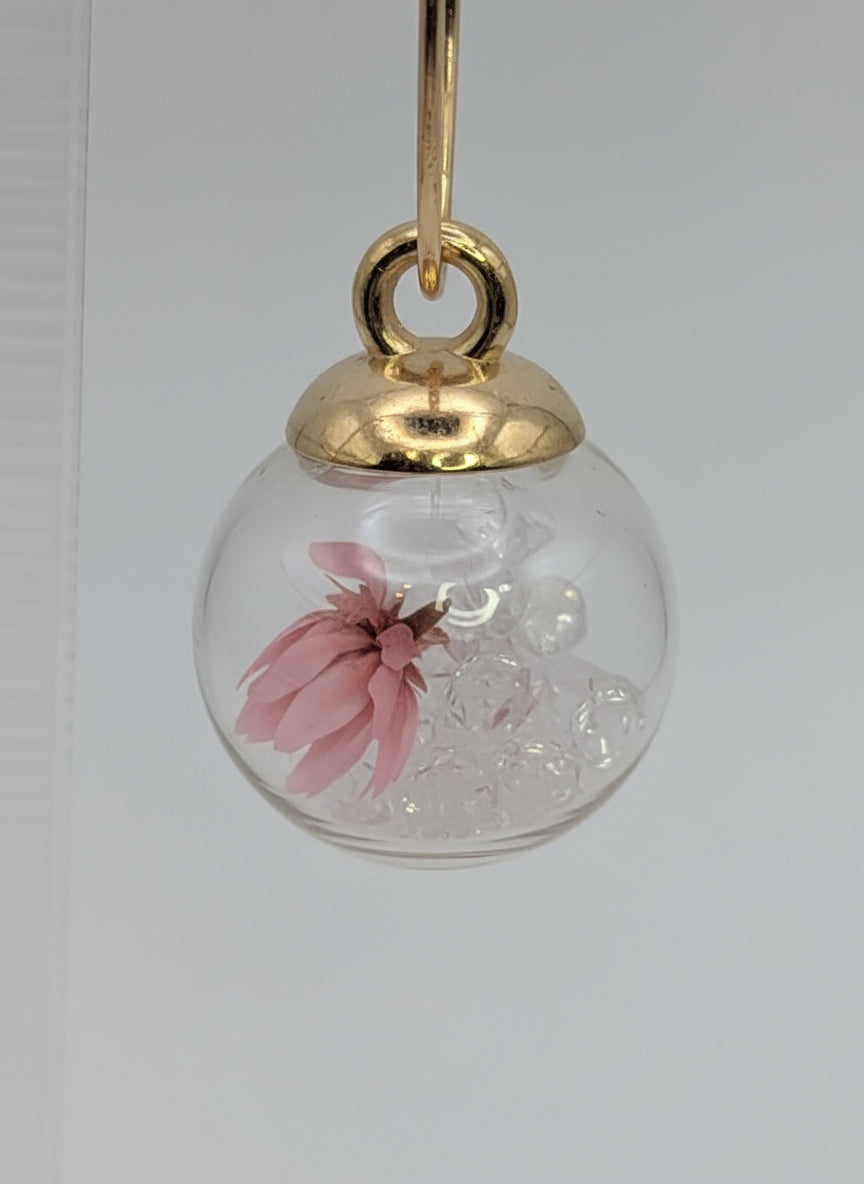 Clear Rhinestones with Tiny Pink Flowers in Glass Globes on Large Gold Hoops