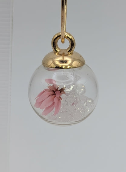 Clear Rhinestones with Tiny Pink Flowers in Glass Globes on Large Gold Hoops