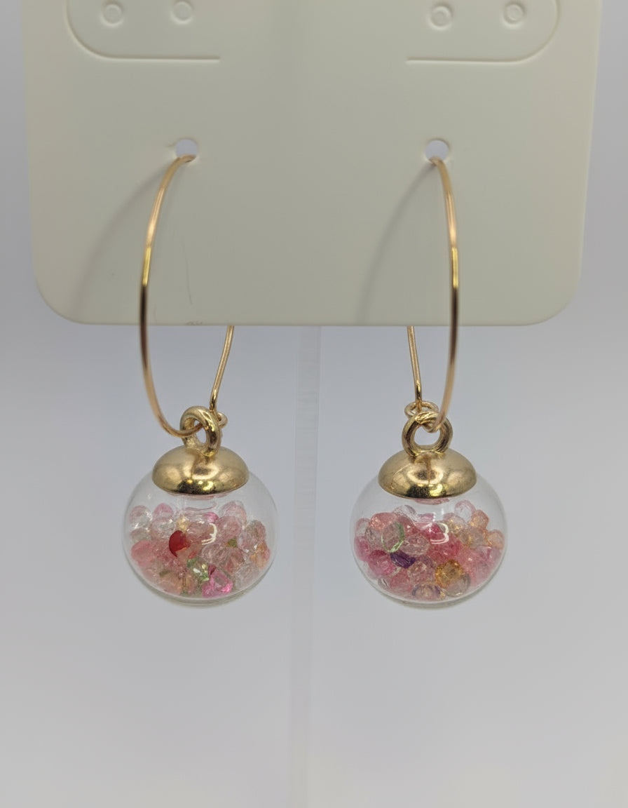 Colorful Rhinestones in Glass Globes on Large Gold Hoops