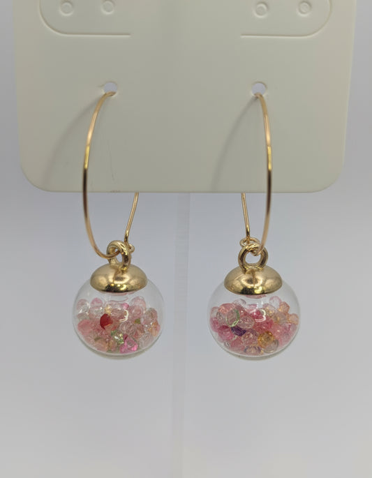 Colorful Rhinestones in Glass Globes on Large Gold Hoops