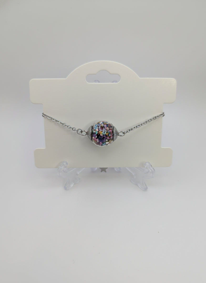 Multicolor Jewel-Tone Stone Flecks In Globe on Silver Chain Bracelet