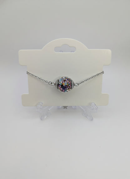 Multicolor Jewel-Tone Stone Flecks In Globe on Silver Chain Bracelet