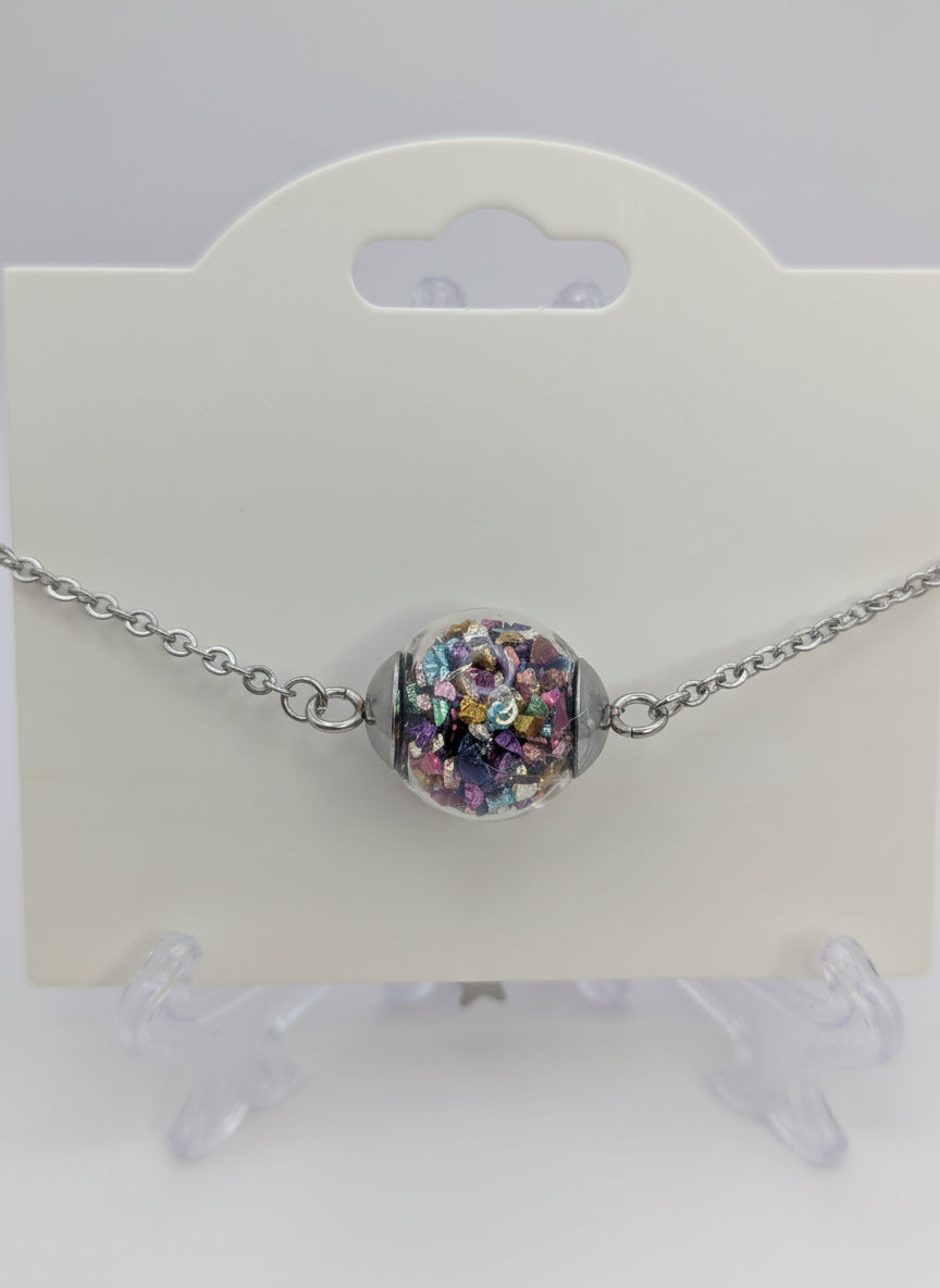Multicolor Jewel-Tone Stone Flecks In Globe on Silver Chain Bracelet