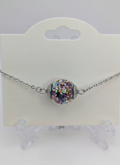 Multicolor Jewel-Tone Stone Flecks In Globe on Silver Chain Bracelet