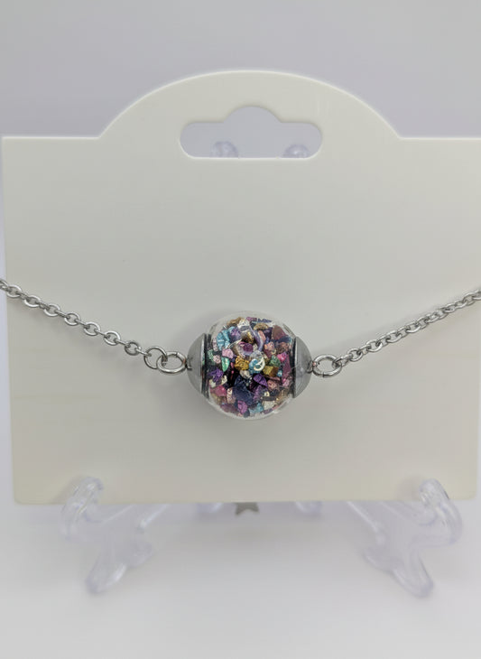 Multicolor Jewel-Tone Stone Flecks In Globe on Silver Chain Bracelet