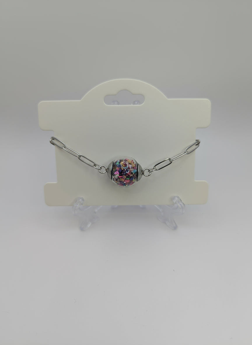 Multicolor Jewel-Tone Stone Flecks In Globe on Silver Paperclip Chain Bracelet