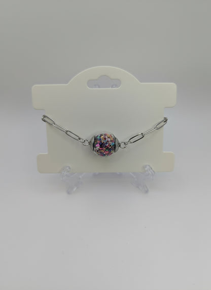 Multicolor Jewel-Tone Stone Flecks In Globe on Silver Paperclip Chain Bracelet