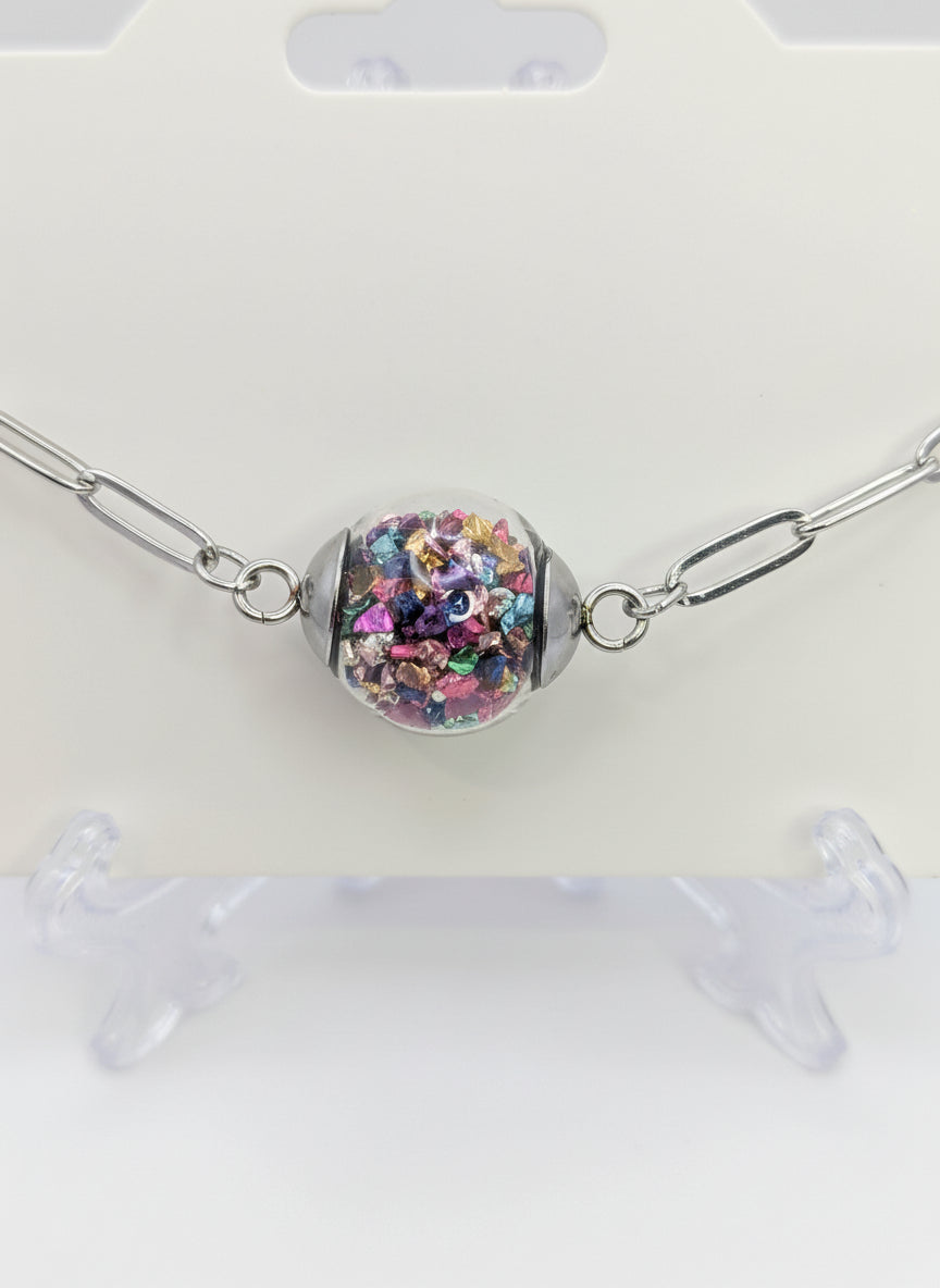 Multicolor Jewel-Tone Stone Flecks In Globe on Silver Paperclip Chain Bracelet
