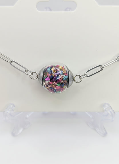 Multicolor Jewel-Tone Stone Flecks In Globe on Silver Paperclip Chain Bracelet