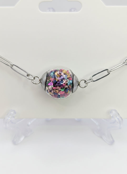 Multicolor Jewel-Tone Stone Flecks In Globe on Silver Paperclip Chain Bracelet